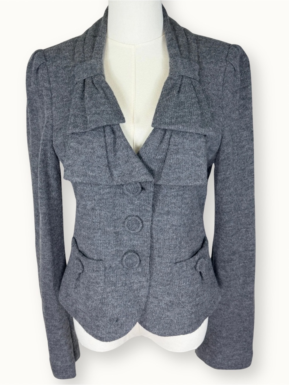 Nanette Lepore Gray Wool Blend Knit Ruffle Blazer Jacket Large